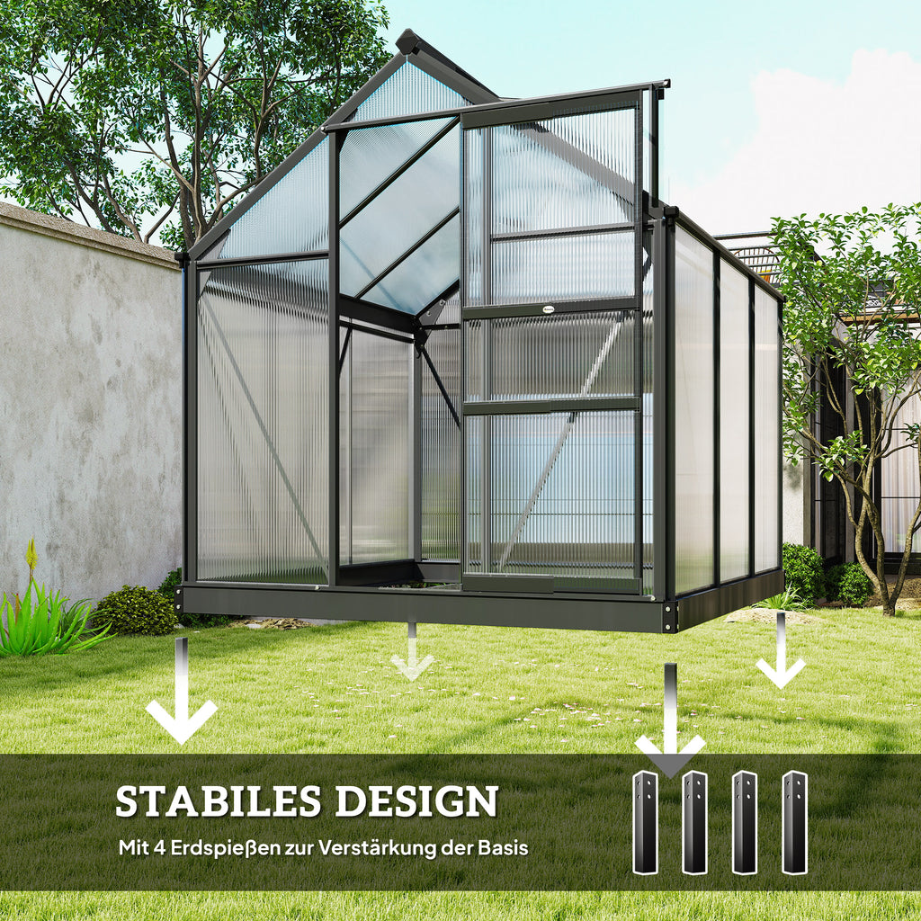 Gewächshaus Aluminium 3,65m² 190x192x201cm mit Fundament Dachfenster Schiebetür 4 mm Platten, UV-beständig Treibhaus Aufzucht Tomatenhaus Pflanzenhaus Frühbeet für Garten Outdoor