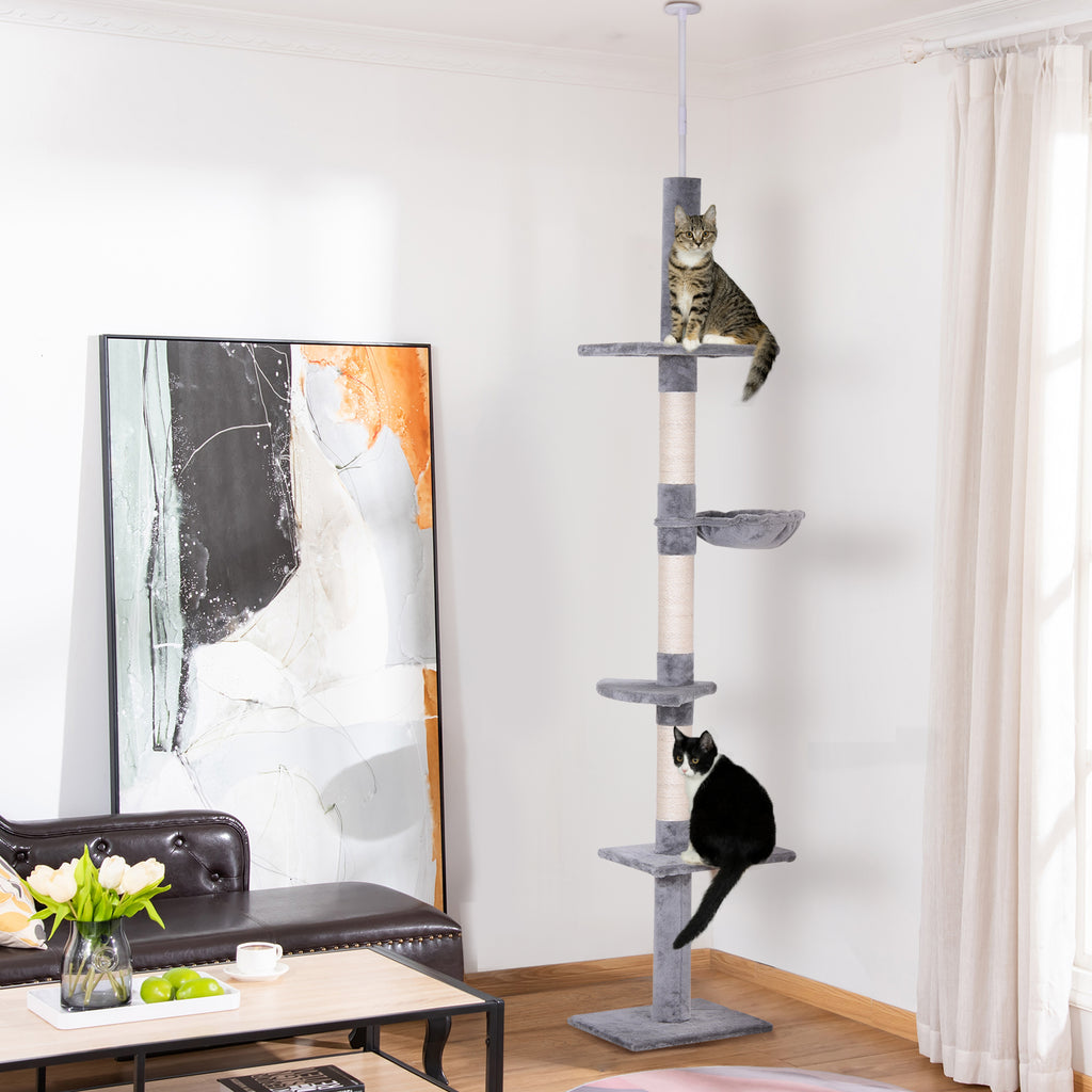 Floor to Ceiling Cat Tree 230-260cm Height Adjustable, 5-Tier Cat Tower with Scratching Posts, Hammock, Perches, Climbing Activity Centre for Indoor Kittens Playing and Relaxing, Grey