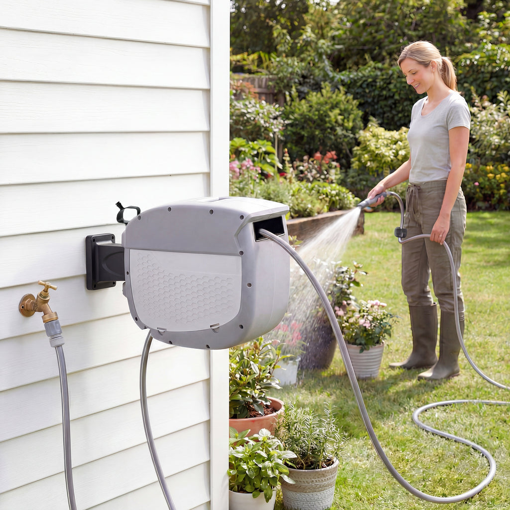 Schlauchtrommel mit Gartenschlauch 30 m, 180° schwenkbar Schlauchbox mit automatische Aufrollung Selbstverriegelung