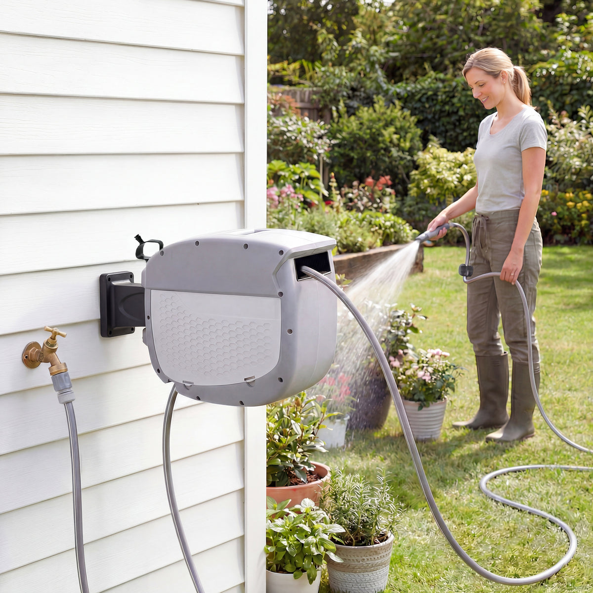 Schlauchtrommel mit Gartenschlauch 30 m, 180° schwenkbar Schlauchbox mit automatische Aufrollung Selbstverriegelung
