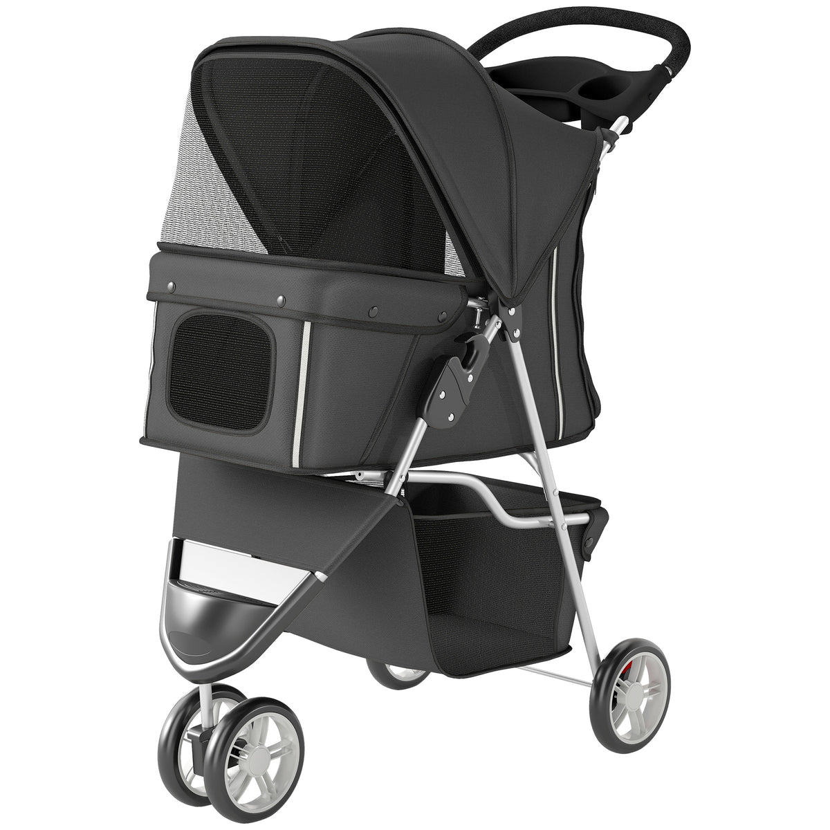 Dog Stroller, 3 Wheels Foldable Pet Stroller with Adjustable Canopy, Storage Basket for Small Mini Breeds, Dark Grey