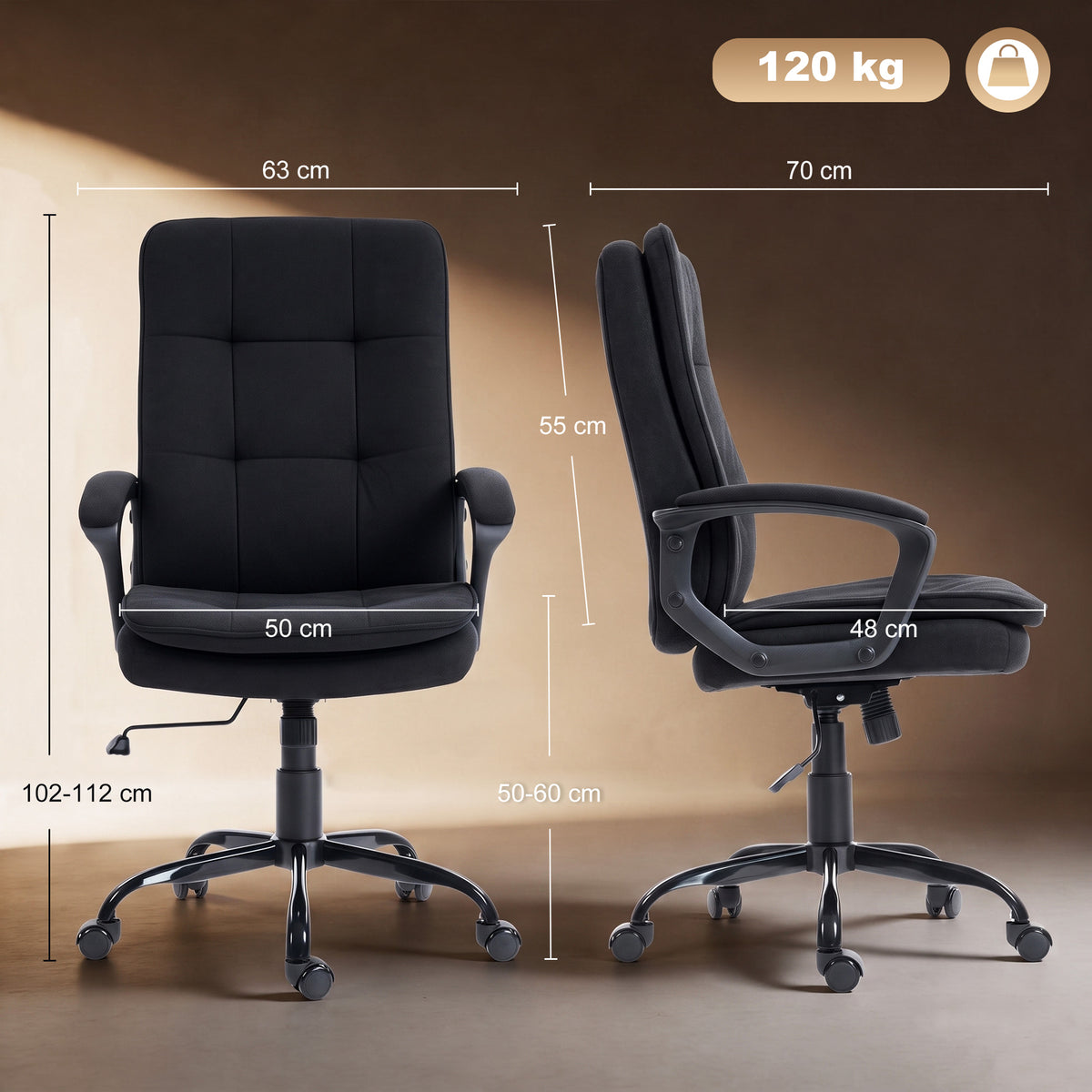 Chefsessel mit doppellagiger Polsterung, Bürostuhl aus Stoff, höhenverstellbar, mit Armlehnen, Schwarz