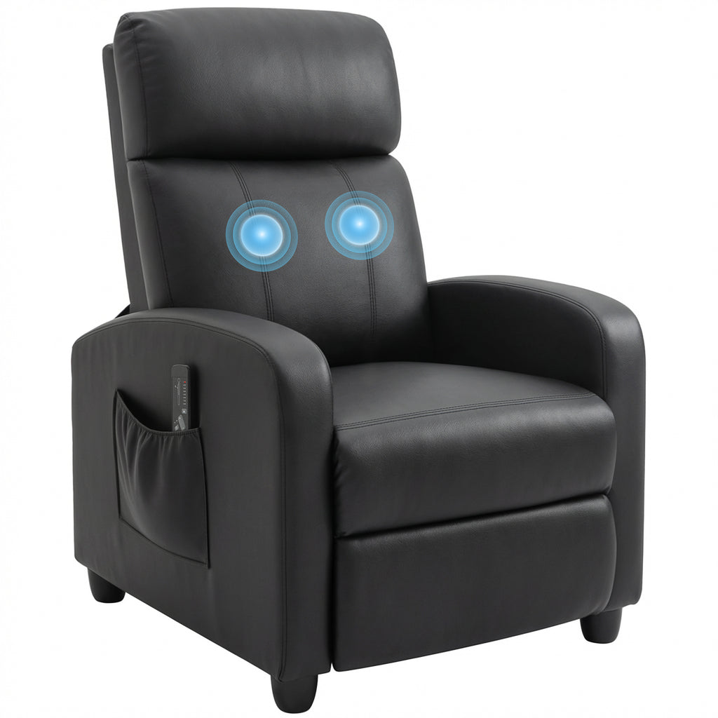 Relaxsessel Fernsehsessel mit Vibrationsmassage, Massagesessel mit Liegefunktion, 2 Massagepunkte, TV Sessel mit Fernbedienung, Seitentasche, Kunstleder für Wohnzimmer, Schwarz