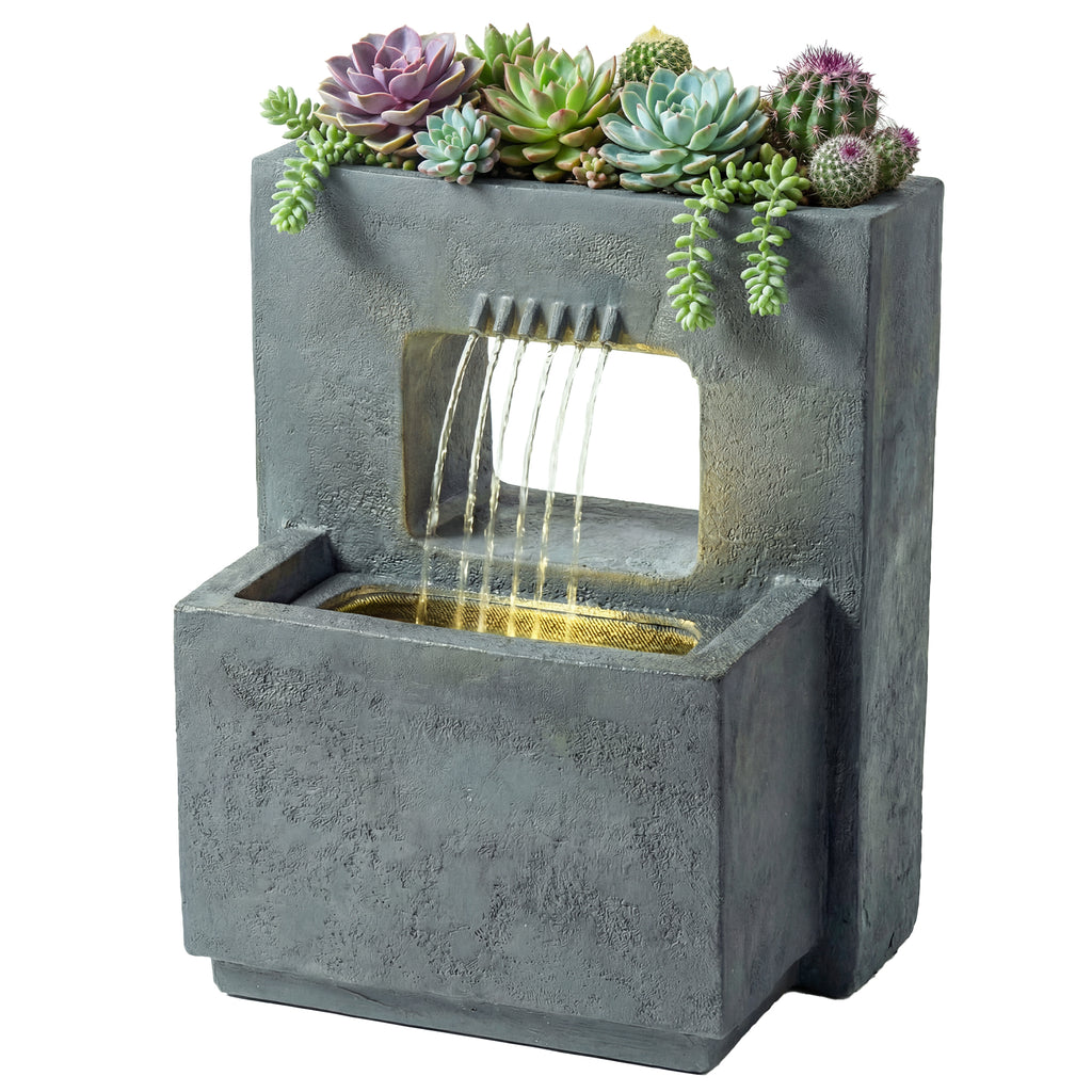Springbrunnen 2-stufig Gartenbrunnen mit LED Beleuchtung Pflanzkübel Pumpe Steinoptik, Verstellbar 45 x 31,5 x 58,5 cm