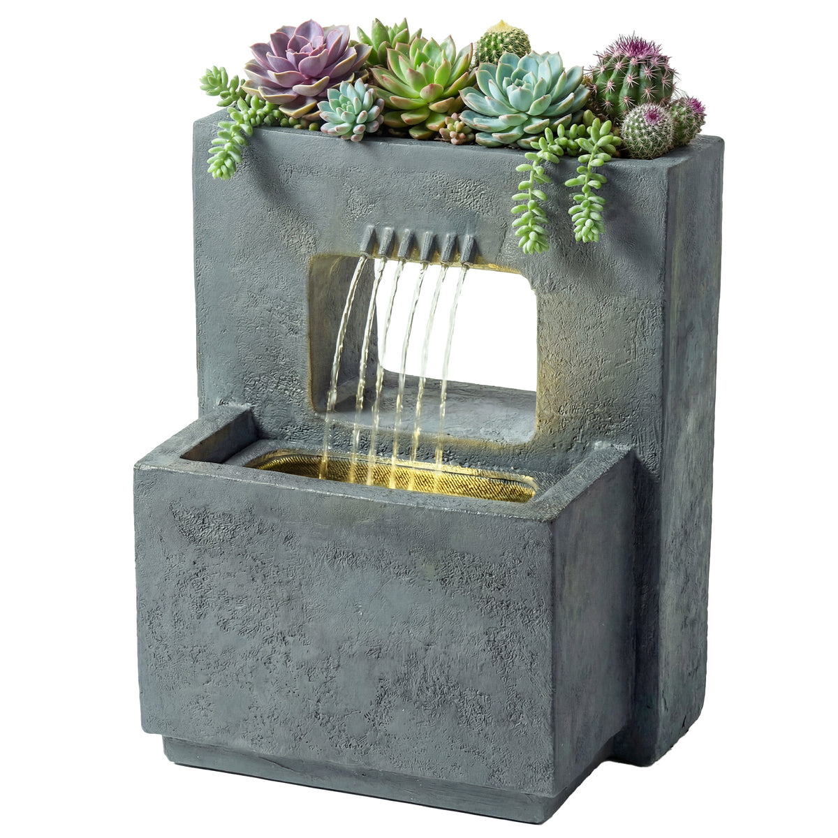 Springbrunnen 2-stufig Gartenbrunnen mit LED Beleuchtung Pflanzkübel Pumpe Steinoptik, Verstellbar 45 x 31,5 x 58,5 cm