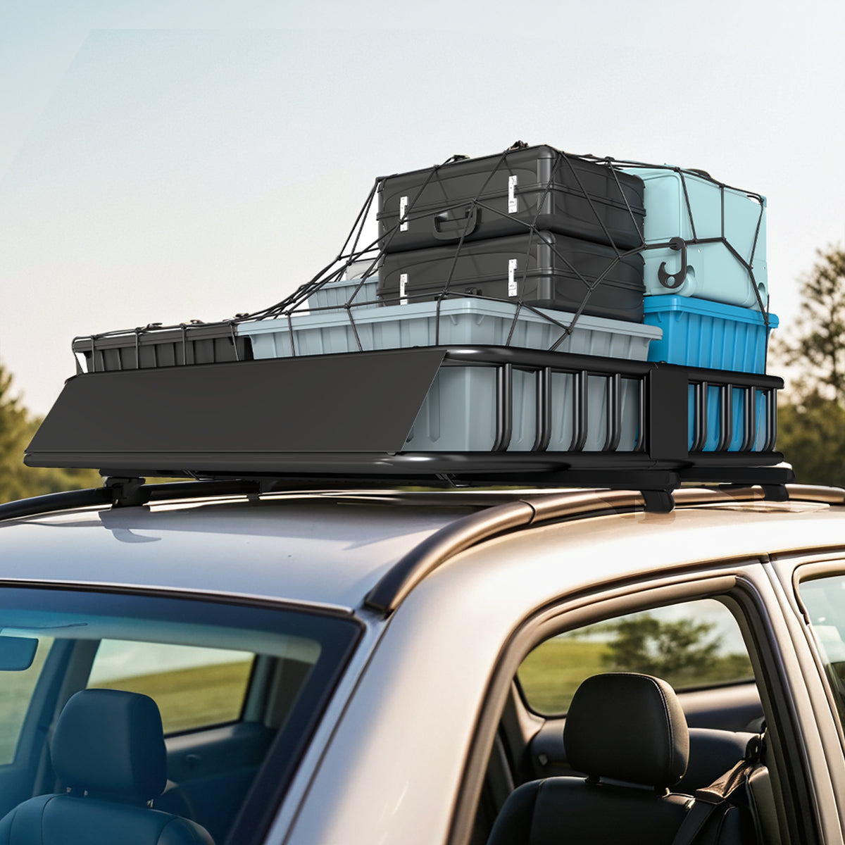 Dachgepäckträger für Autos, Autodach-Korb, 90,7 kg Tragkraft, Dachträger mit Windabweiser, Stahlrohre, Schwarz