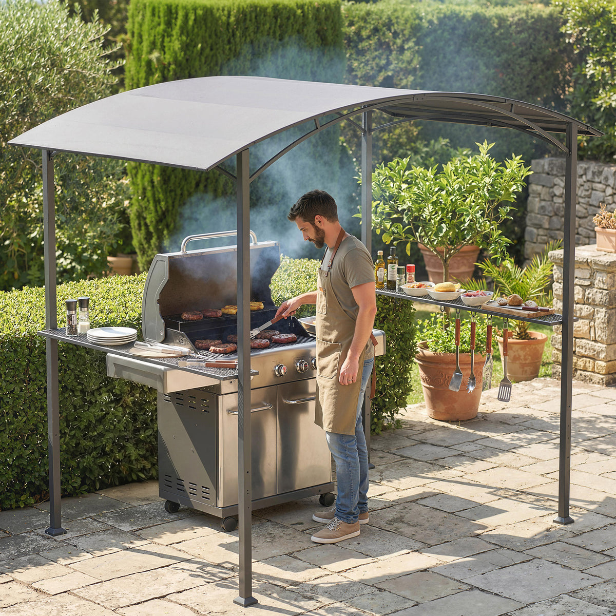 Grillpavillon 2,4 x 1,5 m flammhemmend Gartenpavillon mit Bogendach Seitenregale Haken Dunkelgrau