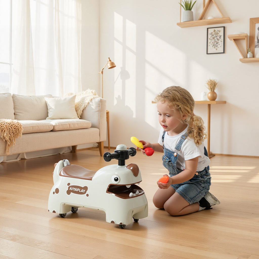 Kids Ride On Car, Dinosaur Foot to Floor Slider with Storage, Toddler Walker with Light, Sounds, Cream