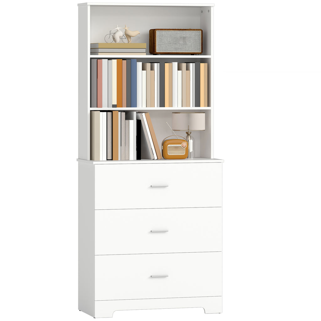 B¨¹cherschrank Hochschrank Vitrinenschrank mit 3 Schubladen, 3 offen Regalen, f¨¹r Wohnzimmer K¨¹che, 79x39,5x180 cm, Wei?
