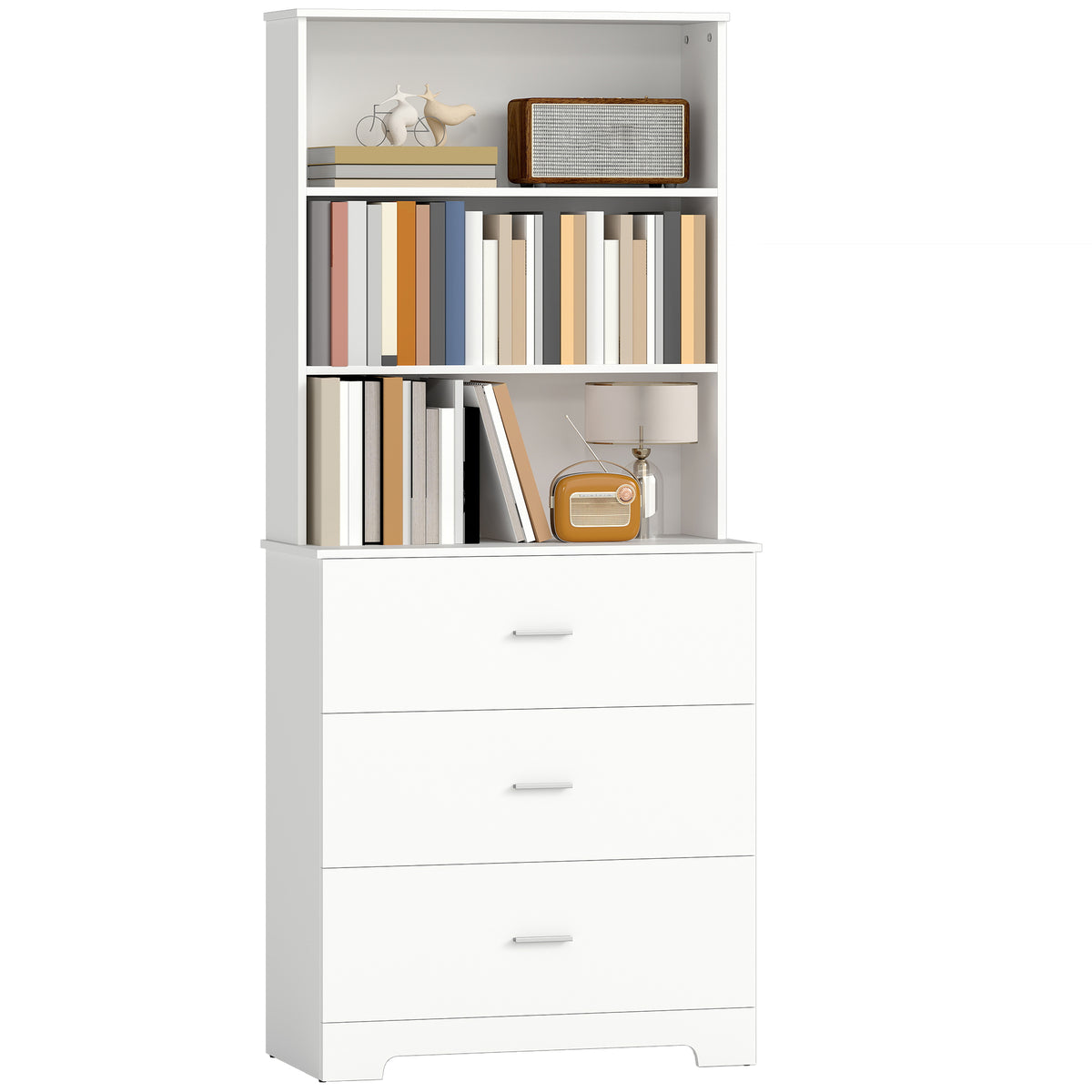 B¨¹cherschrank Hochschrank Vitrinenschrank mit 3 Schubladen, 3 offen Regalen, f¨¹r Wohnzimmer K¨¹che, 79x39,5x180 cm, Wei?