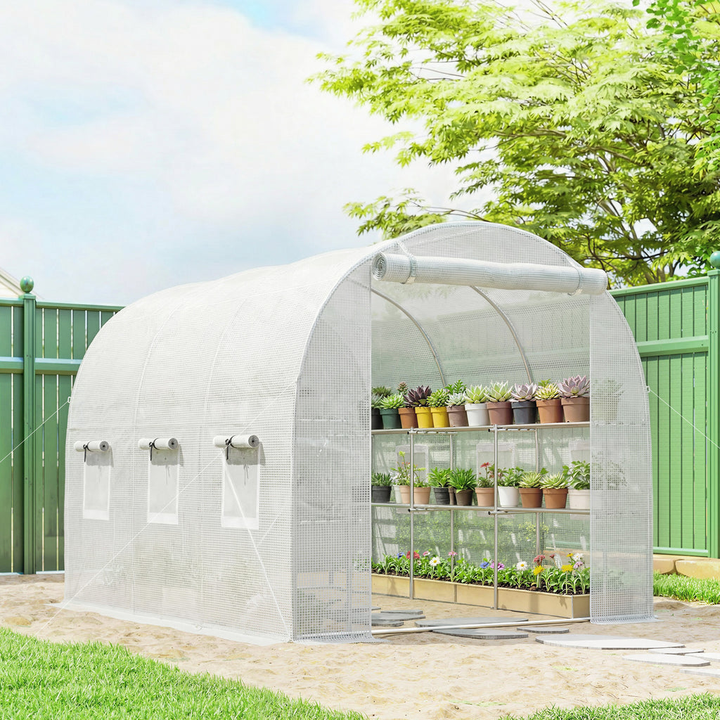Gewächshaus ca. 2,7 x 2 x 2 m Foliengewächshaus mit Regalen Rollbar Reißverschlusstür 6 Netzfenster Stützstangen