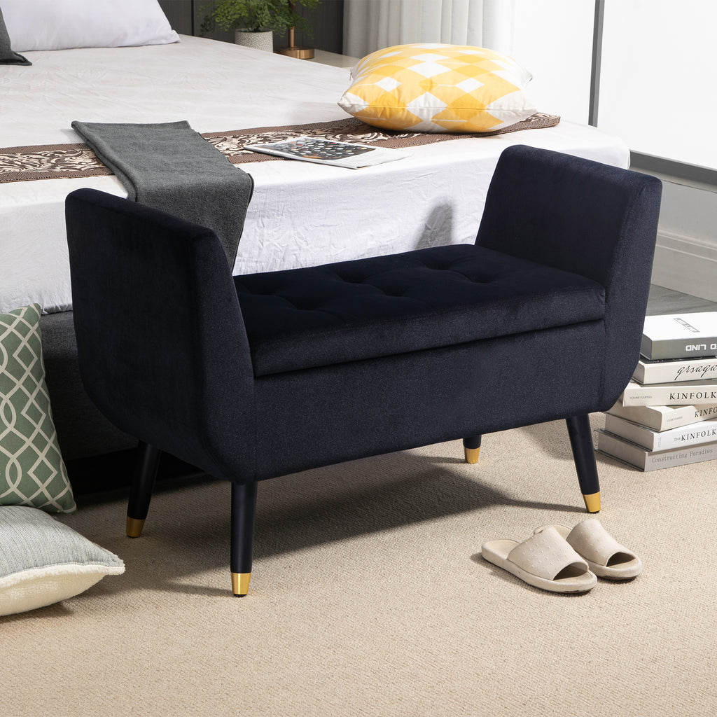 Sitzbank mit Stauraum Armlehnen Polsterbank mit Samtoptik, Sitztruhe mit Holzbeine, Truhenbank für Wohnzimmer Schlafzimmer Flur 107 x 42 x 65 cm, Schwarz