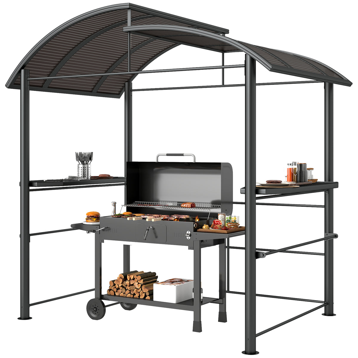 2.4 x 1.5m Outdoor Grill Gazebo with Side Shelves, PC Board Roof, Dark Grey