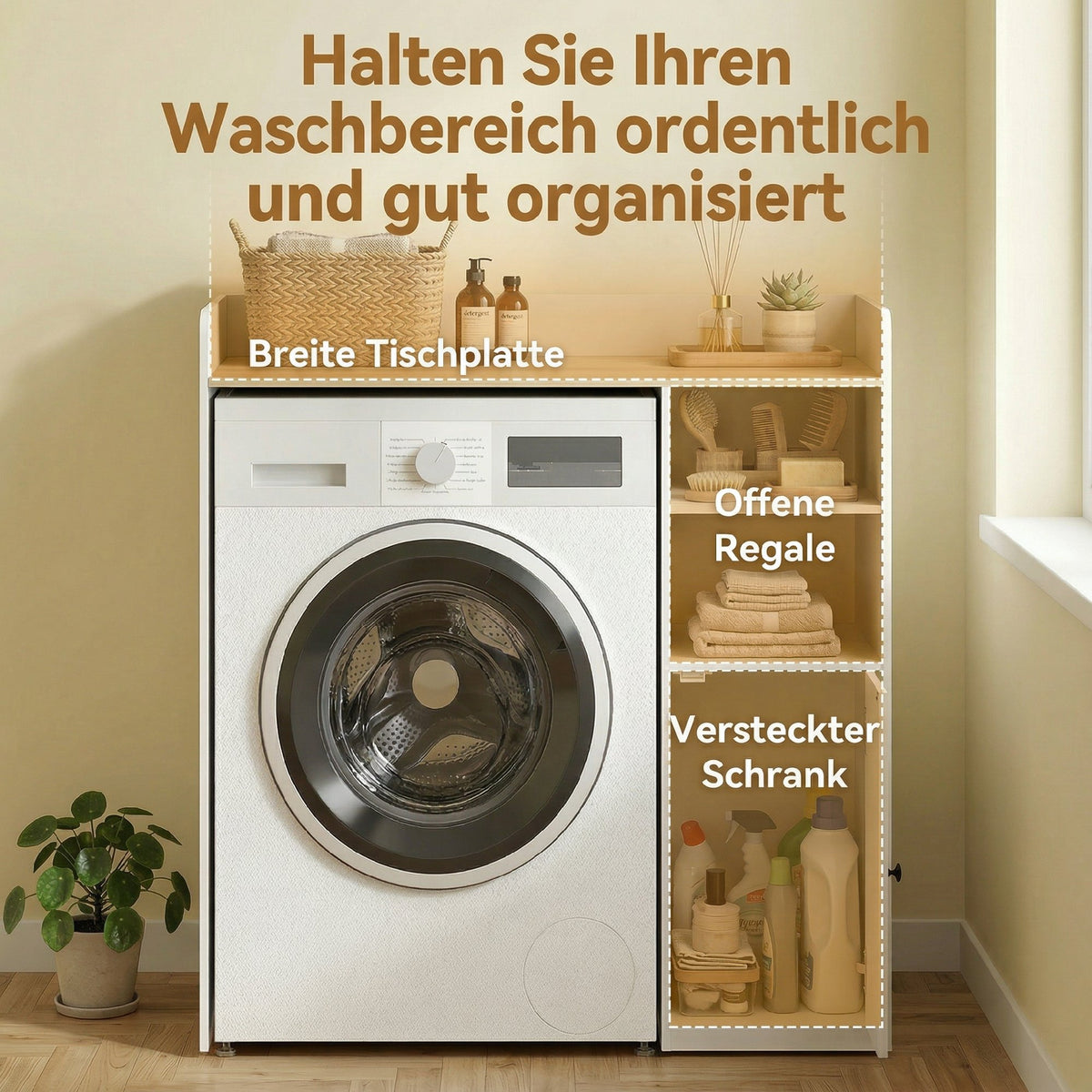 Waschmaschinenschrank Badschrank 93,5 x 60 x 100 cm Weiß und Natur