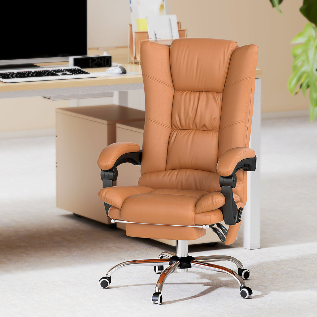 High Back Vibration Massage Office Chair, Heated Reclining PU Leather Computer Chair with 135¡ã Reclining Back and Footrest, Light Brown
