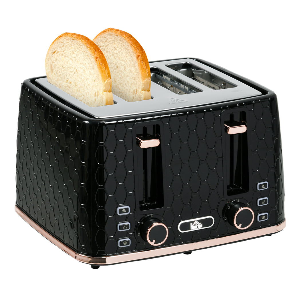 4-Scheiben-Toaster mit 7 Bräunungsstufen, High-Lift, Aufwärmen/Auftauen/Abbrechen, 1860W, Schwarz mit Wabenstruktur