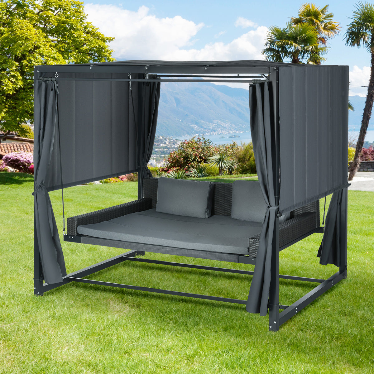 Outdoor-Schaukelbett aus PE-Rattan mit Baldachin, inkl. Kissen, wetterbeständig, 235 cm x 180 cm x 210 cm, Grau