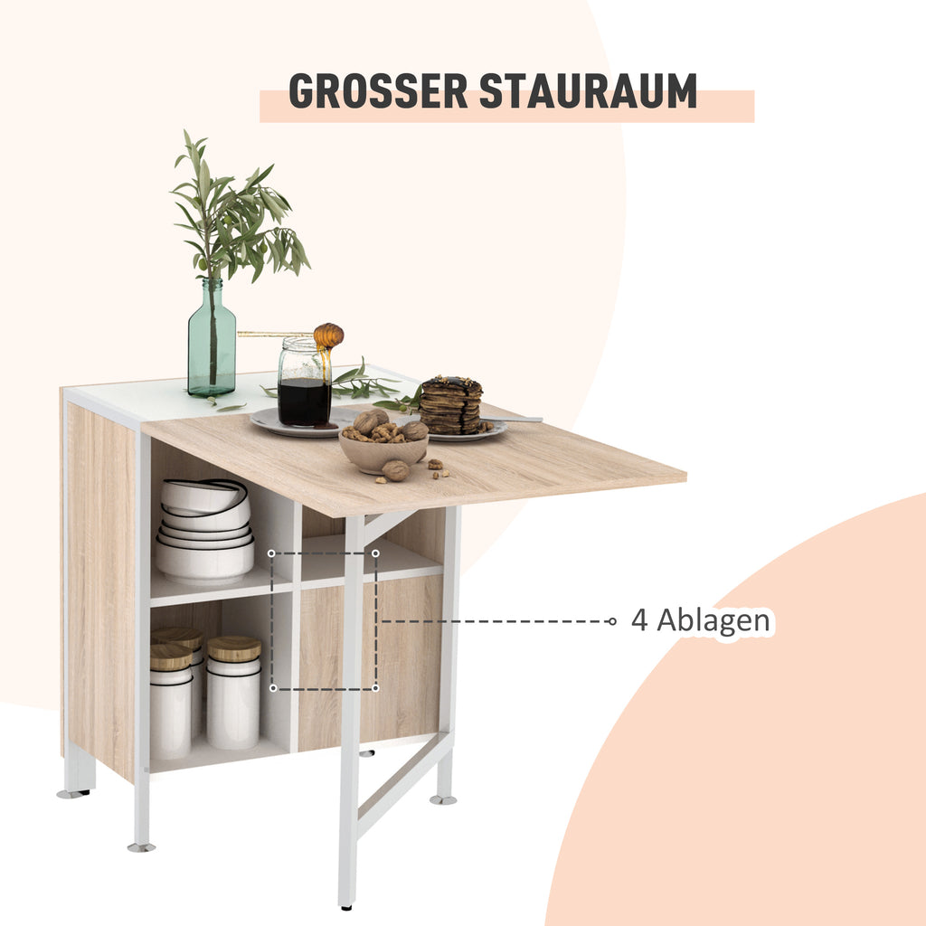  Esstisch Klappbar Küchentisch mit Offenen Ablage, platzsparend Klapptisch Esszimmertisch für Kleine Räume, Esszimmer, Küche 169 x 60 x 75 cm Natur+Weiß