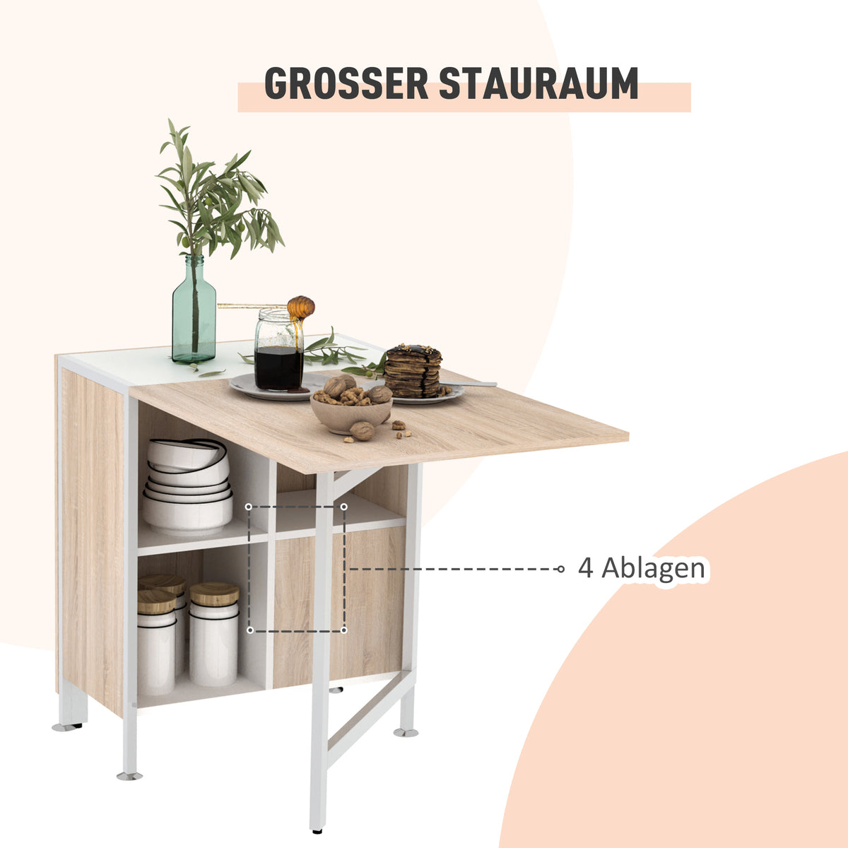 Esstisch Klappbar Küchentisch mit Offenen Ablage, platzsparend Klapptisch Esszimmertisch für Kleine Räume, Esszimmer, Küche 169 x 60 x 75 cm Natur+Weiß