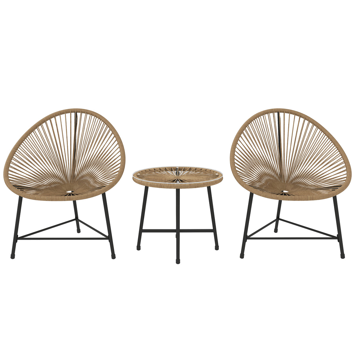 3 Pieces Rattan Bistro Set, Garden Bistro Set with Acapulco Chairs and Glass Top Table, Small Garden Furniture Set with Reinforced Metal Frame for Outdoor, Patio, Balcony, Natural