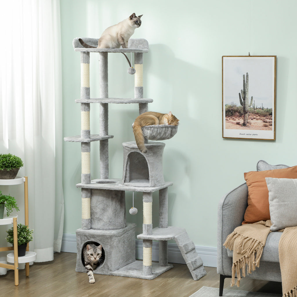 170 cm Large Cat Tree, Cat Tower with 7 Scratching Posts, Tunnel, 2 Condos, Hammock, Perch, Ramp, Pompoms, Light Grey