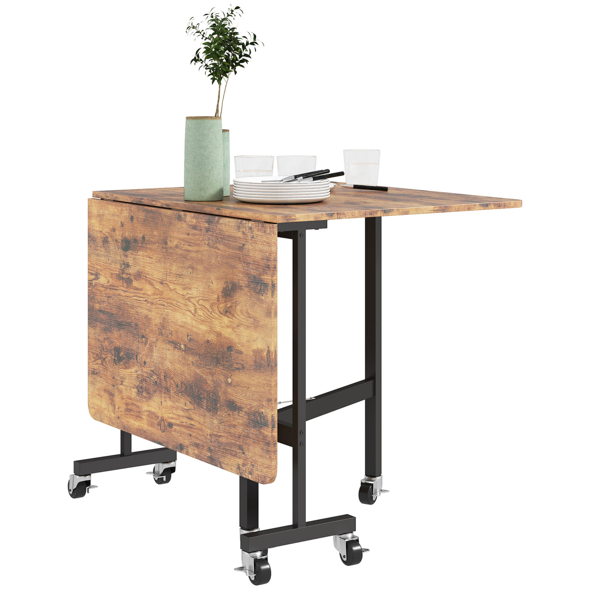 Six-Seater Drop-Leaf Dining Table, with Wheels - Brown Wood-Effect