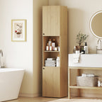 Hoher Badezimmerschrank, 6 Ebenen, 2 Schränke, 2 offene Regale, offene Fächer, Holz, Eichenfarben