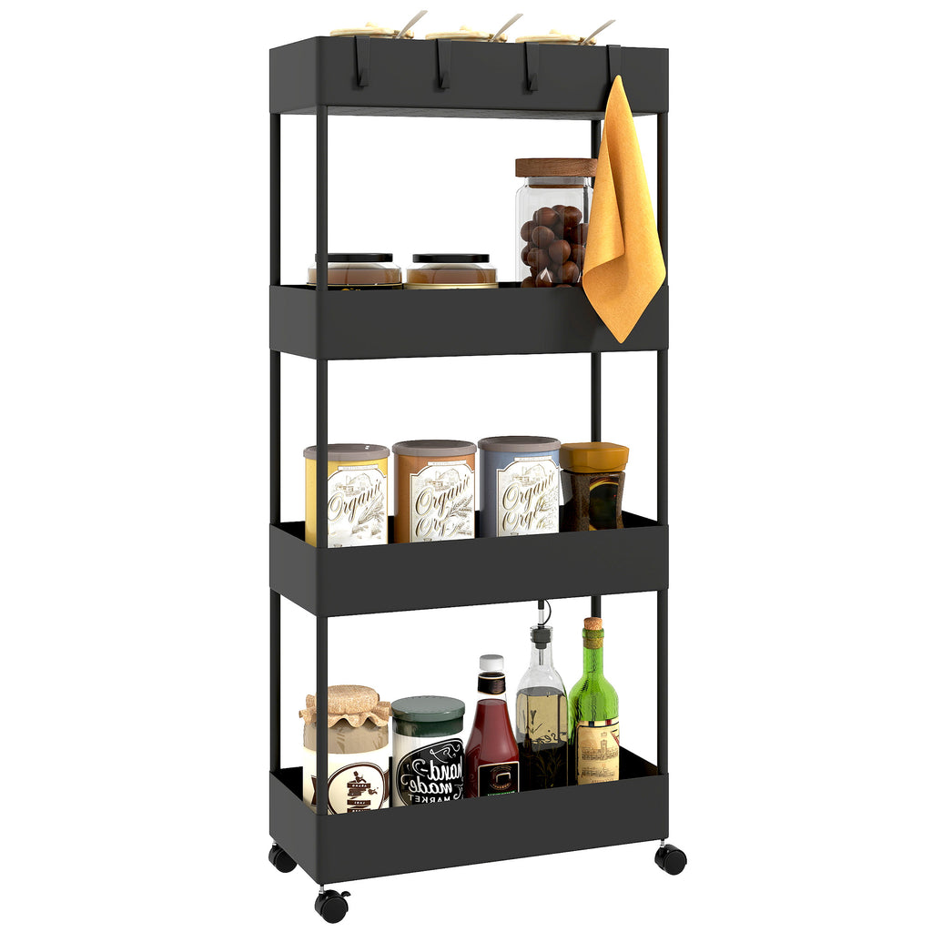 K¨¹chenwagen mit 4 Regalen, 4 flexiblen Haken, 4 Rollen, 40 cm x 19 cm x 90 cm, Nischenwagen, Schwarz