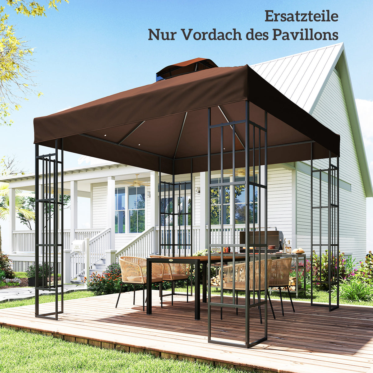 3 x 3 m Ersatzdach für Pavillon, Pavillon-Ersatzplane mit Wasserablauf-Löchern, UPF30+, Sonnenschutz, Kaffee