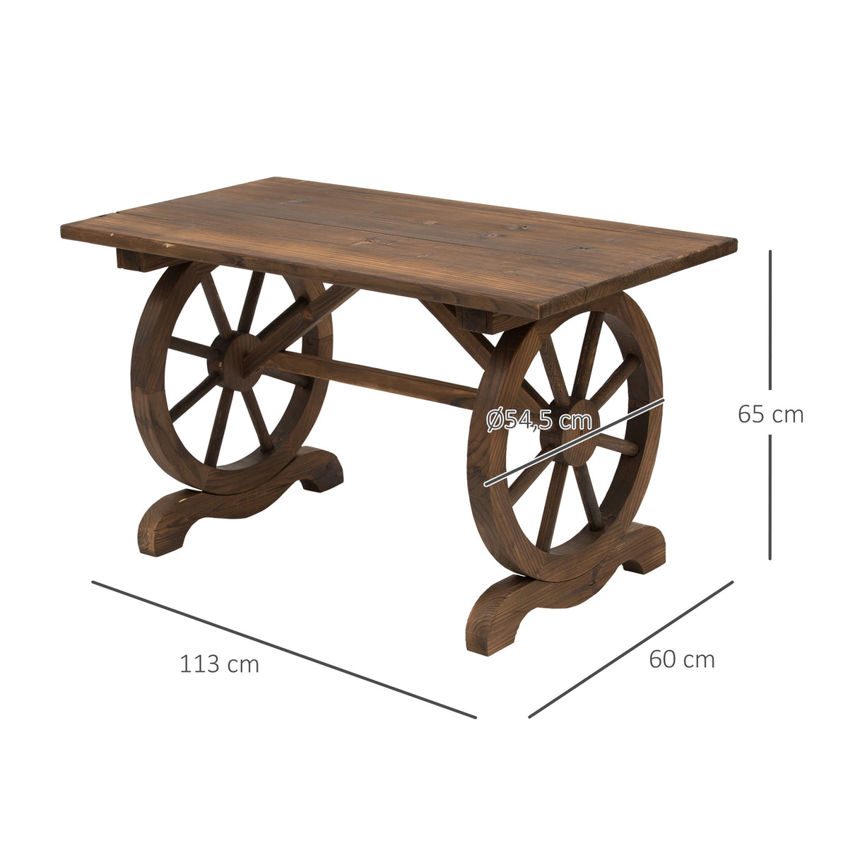 Wooden Garden Dining Table, Wagon Wheel Outdoor Coffee Table with 3 cm Wood Top for Patio, Balcony, Terrace, 110 x 60 x 65 cm, Carbonised Finish