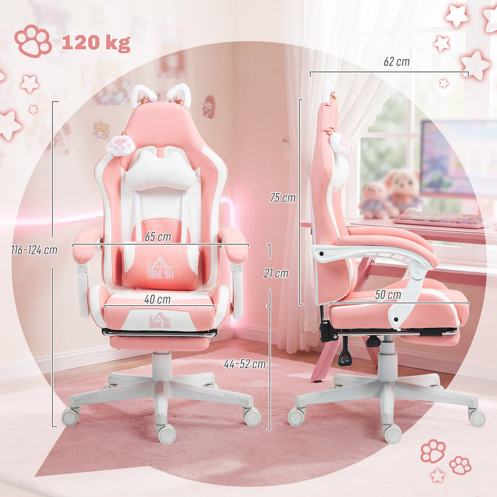 Gaming-Sessel mit Katzenohren, neigbare Lehne, ausziehbare Fu?st¨¹tze, bis 120 kg, Rosa/Wei?