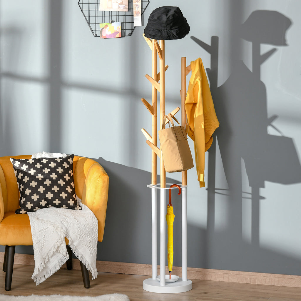 Garderobenst?nder, Kleiderst?nder mit 12 Haken und Schirmst?nder, Garderobe in Baumform, moderner Jackenst?nder f¨¹r Kleidung, Hut, Tasche, f¨¹r Wohnzimmer, Schlafzimmer, Bambus, Natur+Wei?
