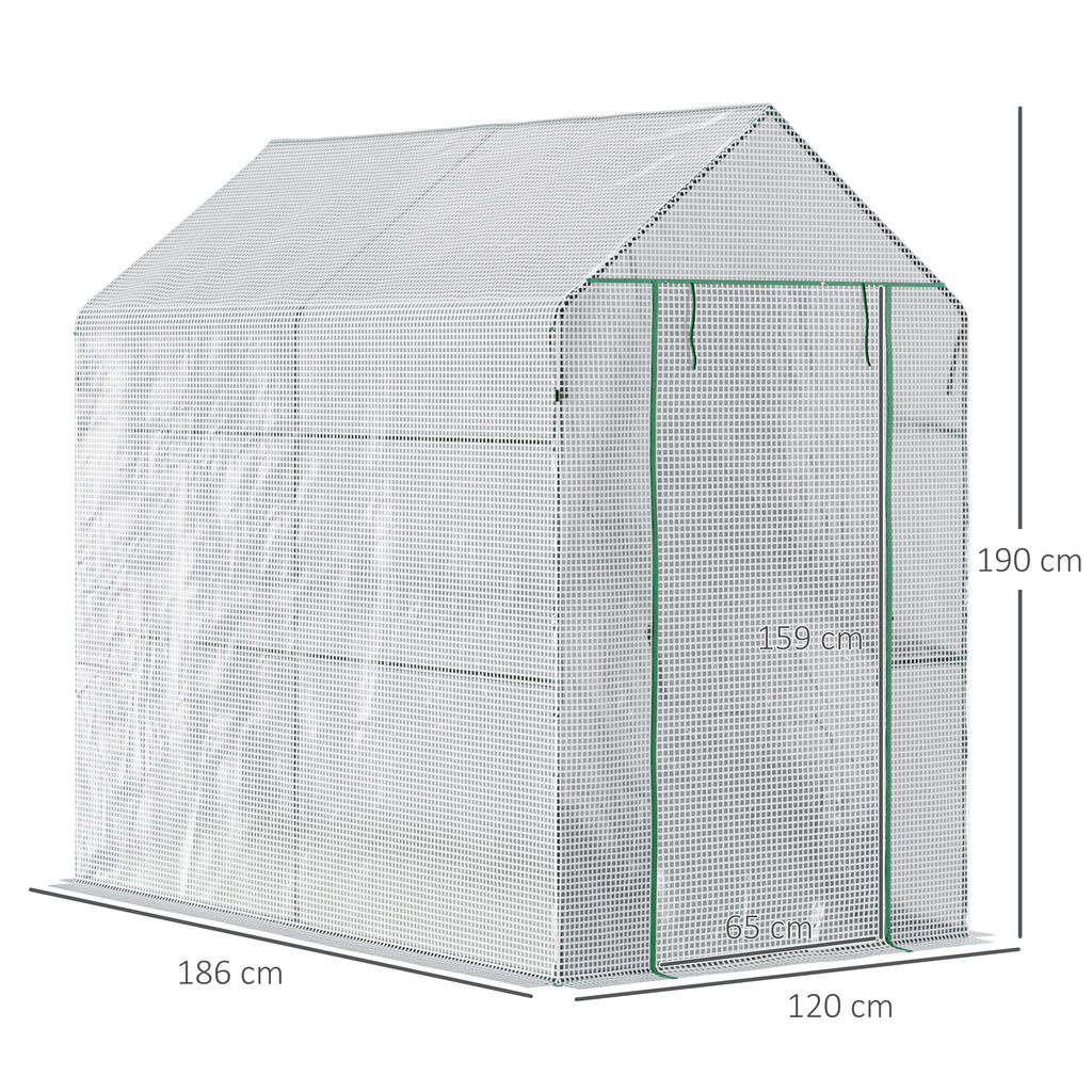  Walk In Greenhouse with 2-Tier Shelves, Roll up Zip Panel Door, Garden Polytunnel Steeple Grow House for Outdoor, 6 x 4 x 6ft White