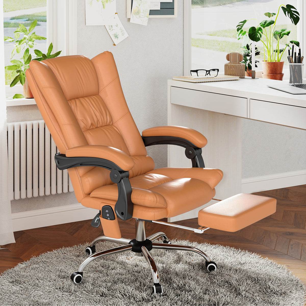 High Back Vibration Massage Office Chair, Heated Reclining PU Leather Computer Chair with 135¡ã Reclining Back and Footrest, Light Brown