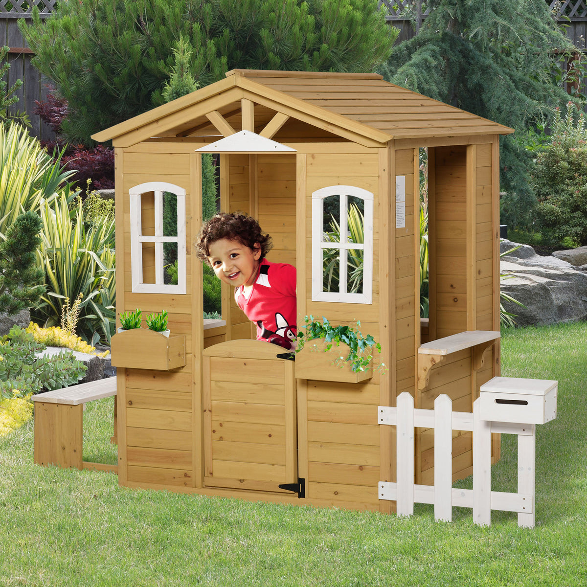 Kinderspielhaus aus Holz Spielhaus Outdoor mit T¨¹r, Fenster und Pflanzkasten Briefkasten Bank f¨¹r Kinder 3-6 Jahre