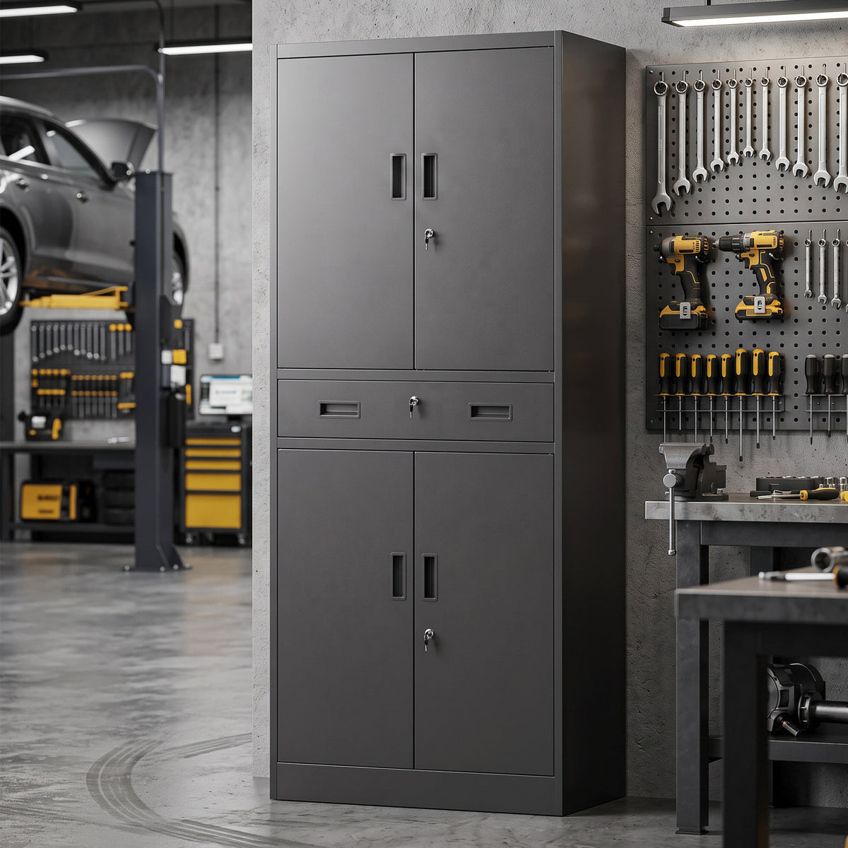 Metal Storage Cabinet, 180cm Tall Tool Cabinet with Locking Doors, Drawer and Adjustable Shelves, Black