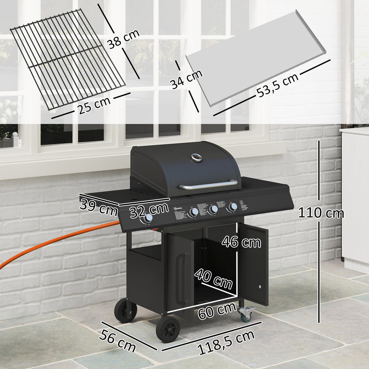 Fahrbarer Gasgrill mit Stauraum, Seitentisch, Seitenbrenner, Warmhalterost, Thermometer, Edelstahl, Schwarz
