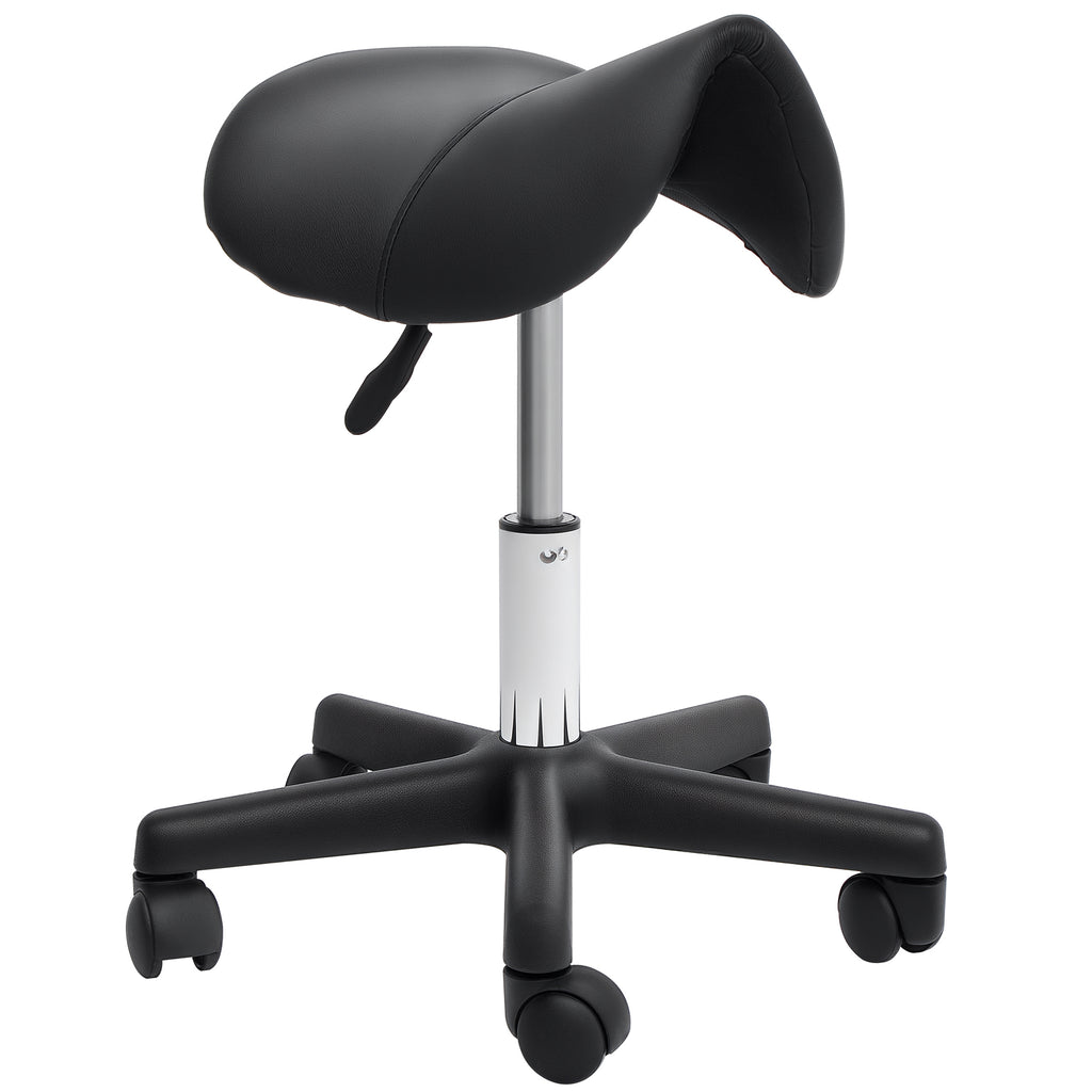 Saddle Stool, PU Leather Adjustable Rolling Salon Chair with Steel Frame for Massage, Spa, Beauty and Tattoo, Black