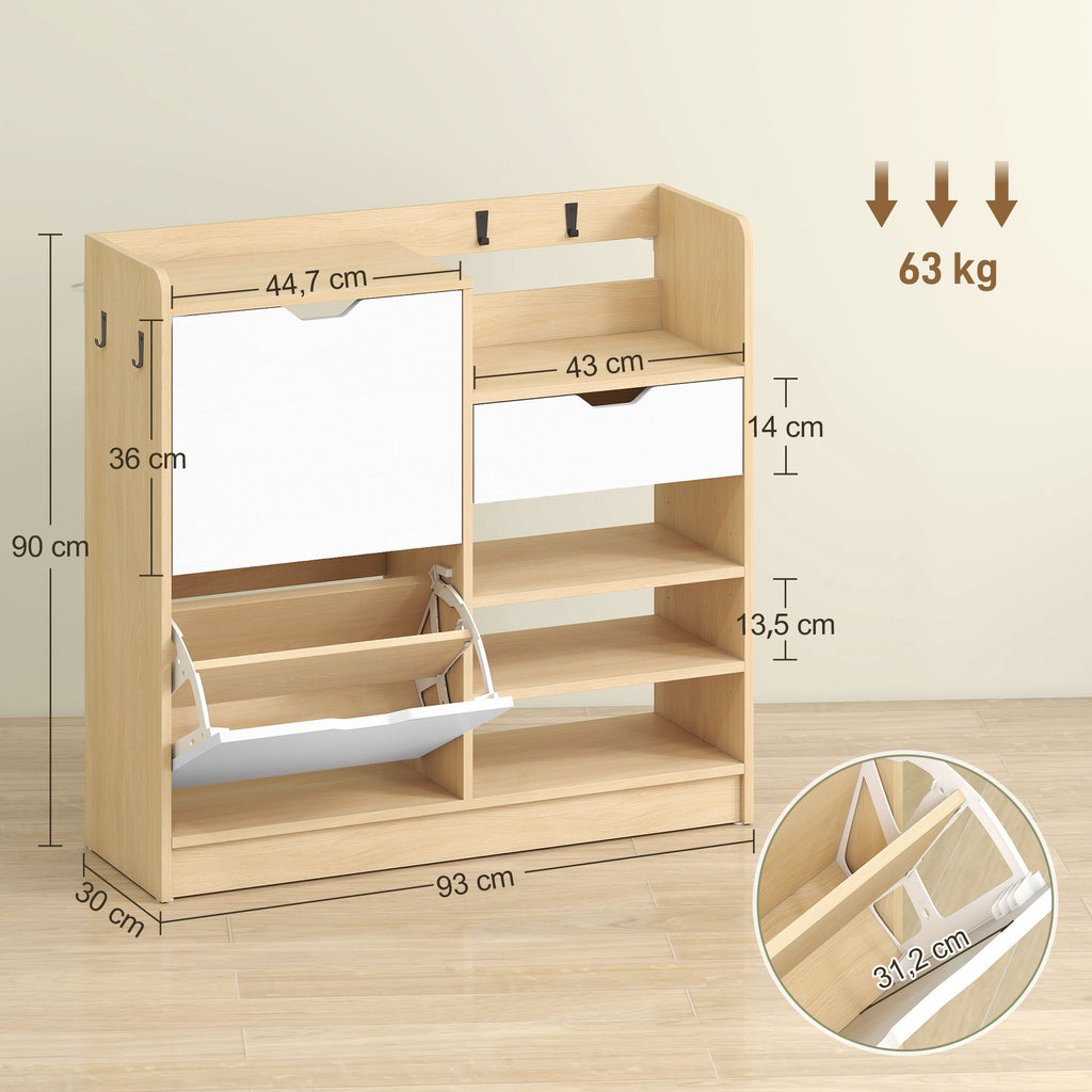 Schuhregal f¨¹r Flur, Schuhschrank mit Kippschubladen, offenen Regalen, 4 Haken, f¨¹r bis zu 14 Paar Schuhe, Natur