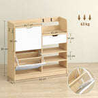 Schuhregal f¨¹r Flur, Schuhschrank mit Kippschubladen, offenen Regalen, 4 Haken, f¨¹r bis zu 14 Paar Schuhe, Natur