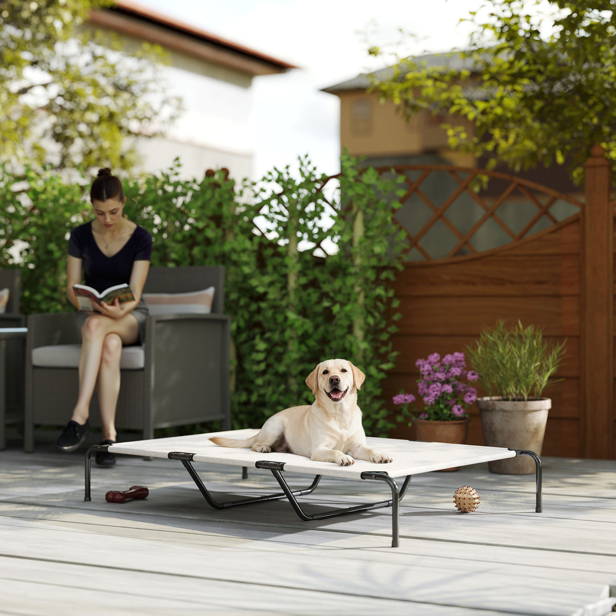 Hundeliege Outdoor, Erh?htes Hundebett f¨¹r gro?e Hunde, mit Stahlrahmen, atmungsaktiv Netzgewebe, 152x94x23 cm, Beige
