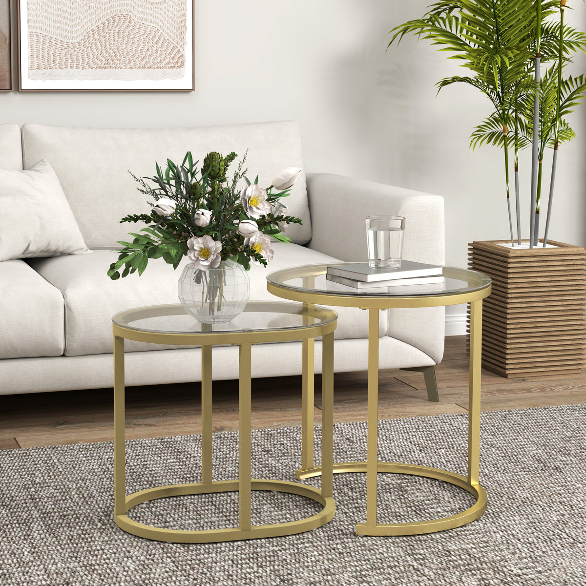 Nest of Tables with Steel Frame and Tempered Glass Tabletop, Modern Coffee Table Set of 2, Clear