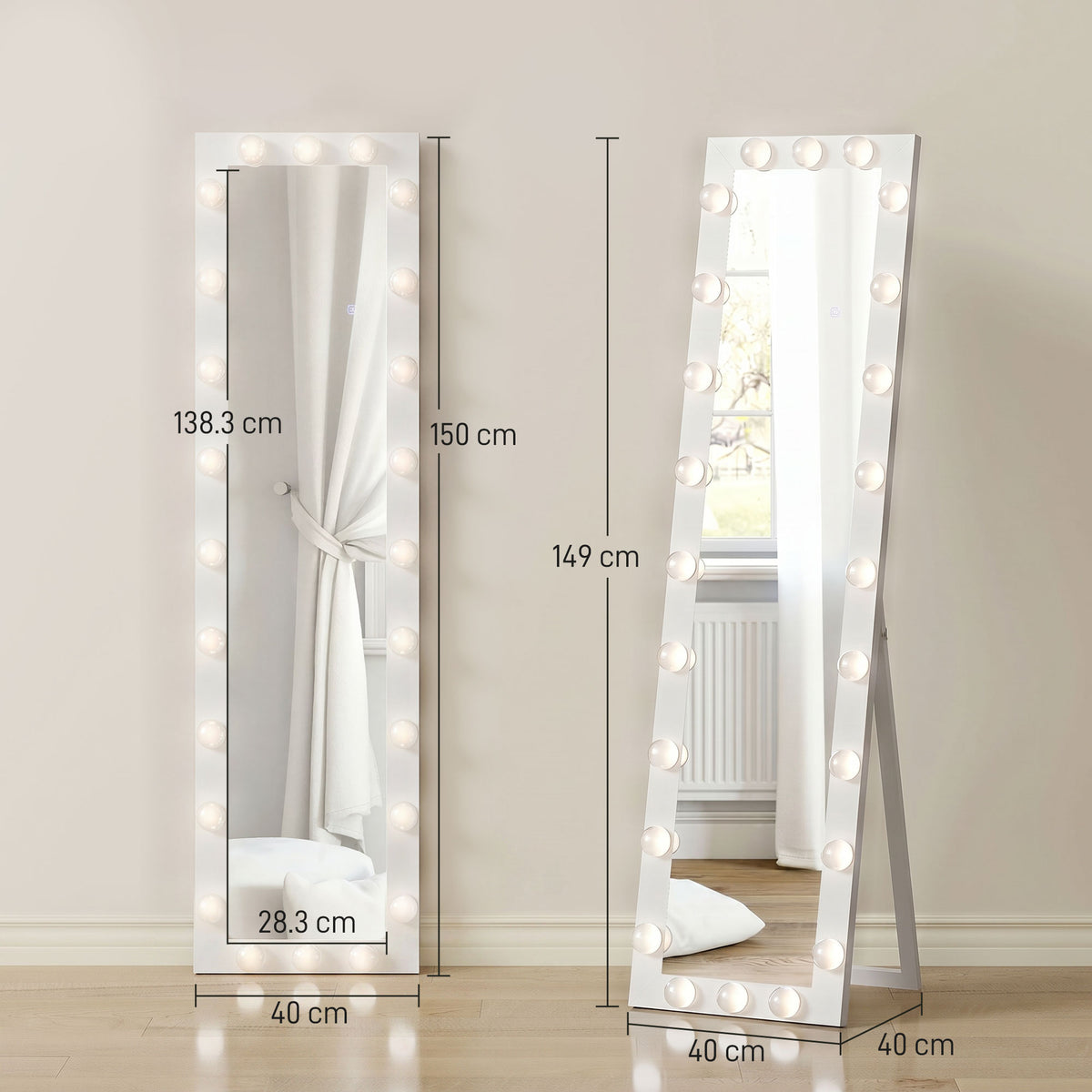 Ganzkörperspiegel 150x40 cm LED Spiegel mit 24 Glühbirnen 3 Lichtfarbe, freistehend oder anlehnbar Weiß