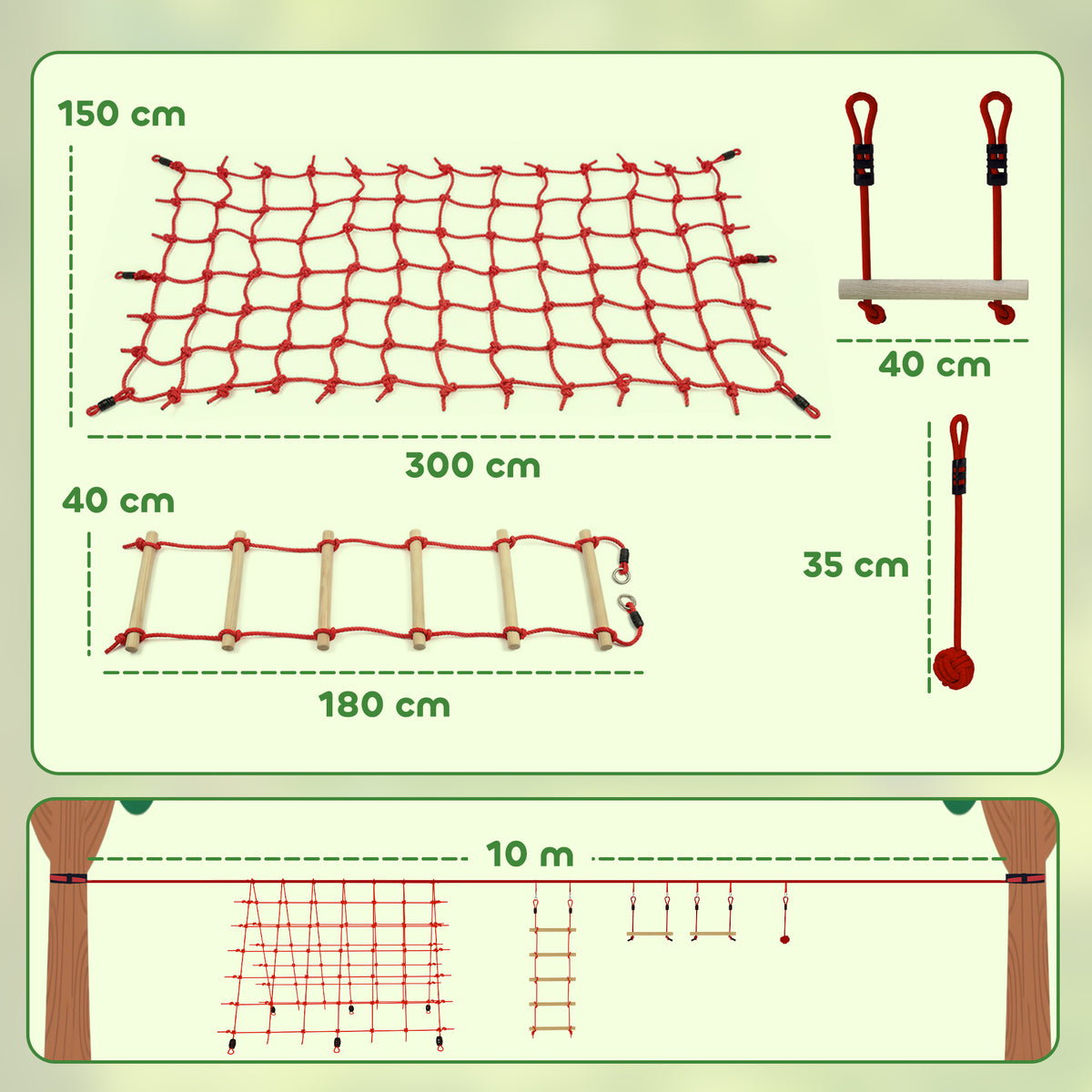 Ninja Line Kinder 10m Slackline Set mit Turnringe Schaukel Kletterleiter Kletternetz für 3-6 Jahre 1000x300x180 cm Rot