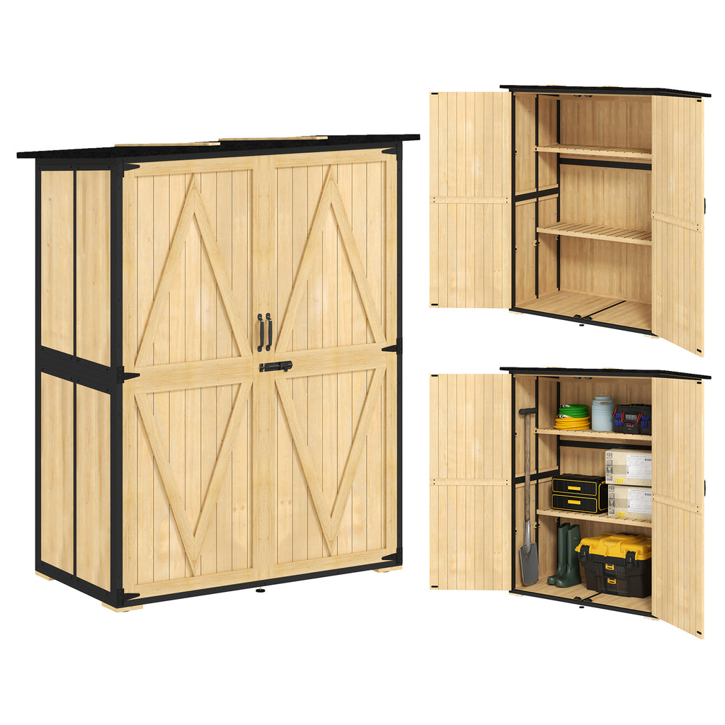 Gartenschrank aus Holz und Stahl, Outdoor-Werkzeugschrank mit Asphalt-Dach, 2 Regale, verschließbare Türen, Naturholz