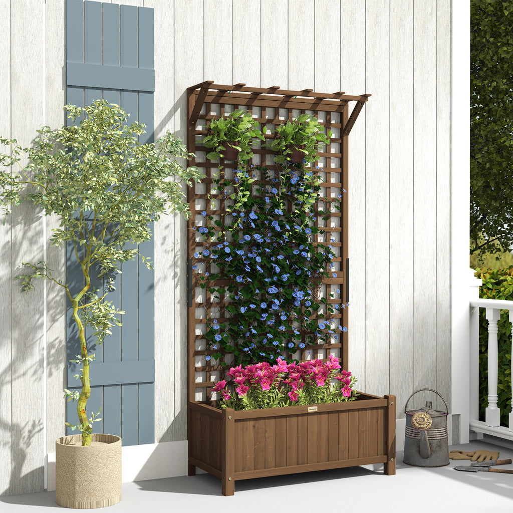 Raised Bed with Drainage Holes, Wood Planter with Trellis for Climbing Plants to Grow Vegetables, Flowers, Brown