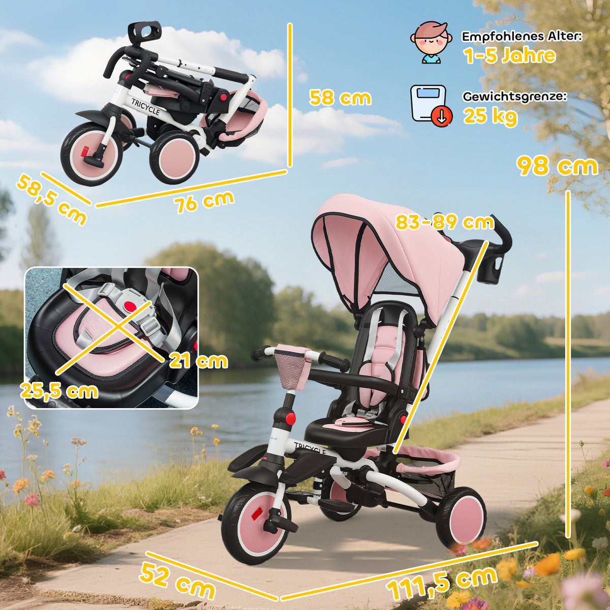 6 in 1 Foldable Kids Trike with Adjustable Parent Handle & Canopy for Ages 1-5, Pink