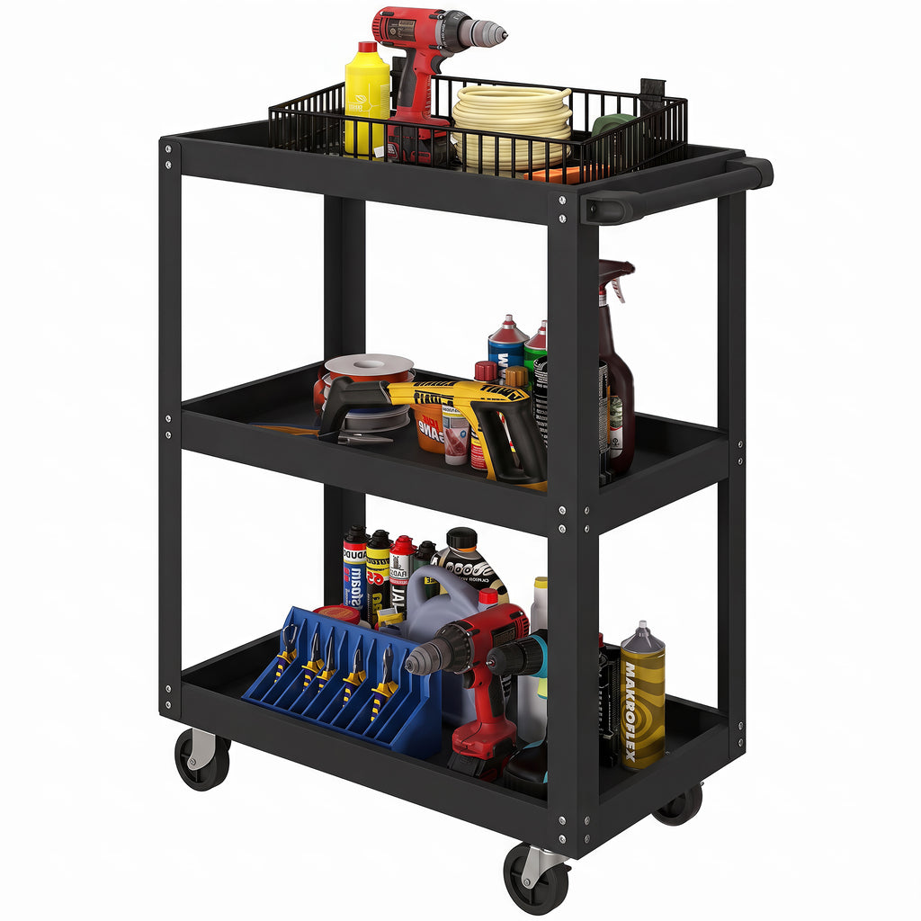 Werkstattwagen mit 3 Ablagen und Seitenhalter, 4 Rollen, 70,5 x 35 x 82,5 cm, Schwarz