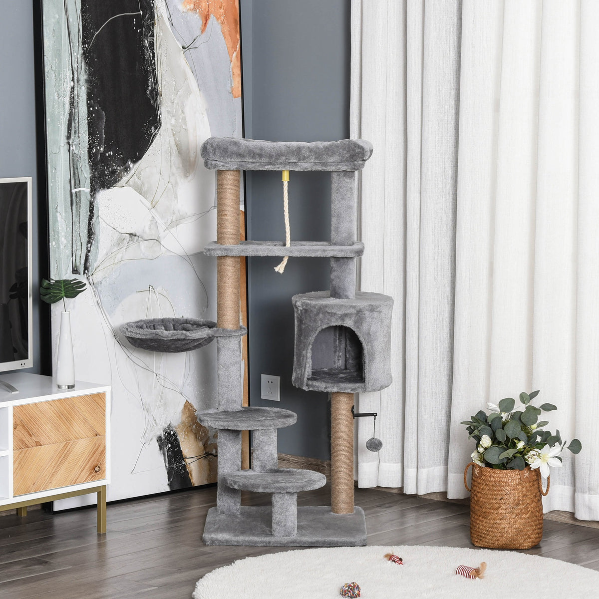Kratzbaum, Katzenbaum, 1 Katzenhöhle, Katzenbett, 1 Hängematte, inkl. Spielzeug, Hellgrau