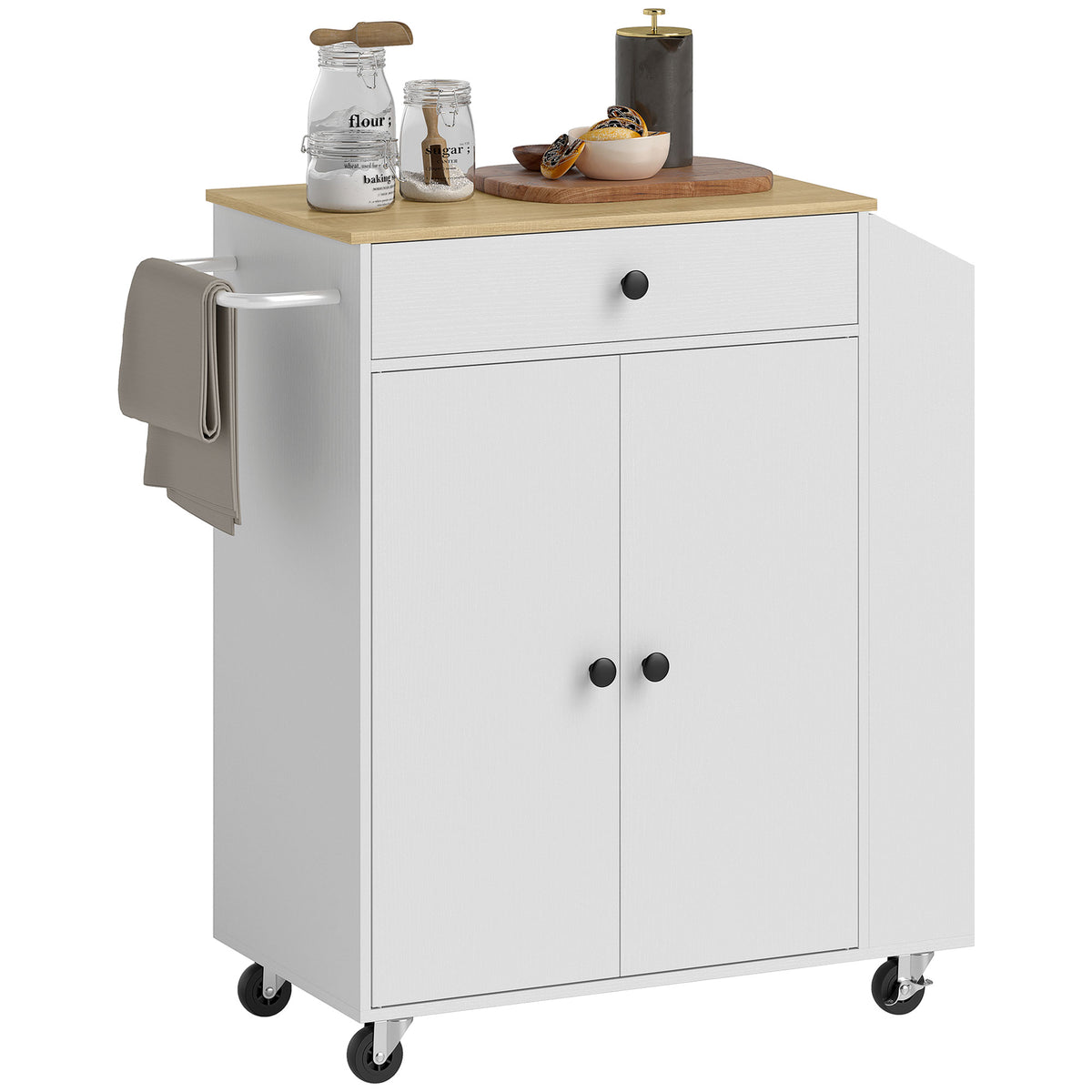 Rolling Kitchen Island with 3-Tier Spice Rack, Kitchen Storage Cart with Drawer and Towel Rack, White